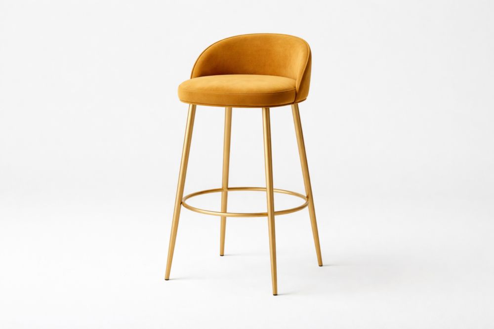 Sgabello in velluto arancione con struttura in acciaio dorato
