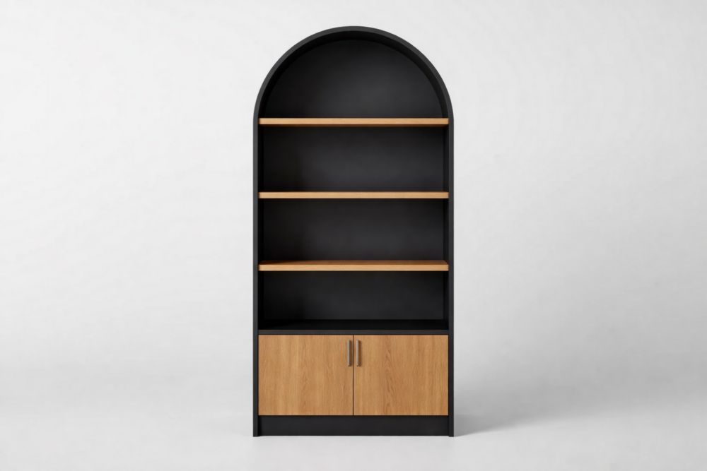 Libreria ad arco in legno e acciaio nero