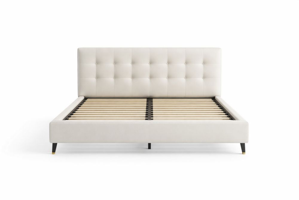 Struttura letto matrimoniale in legno massello con rivestimento in tessuto beige