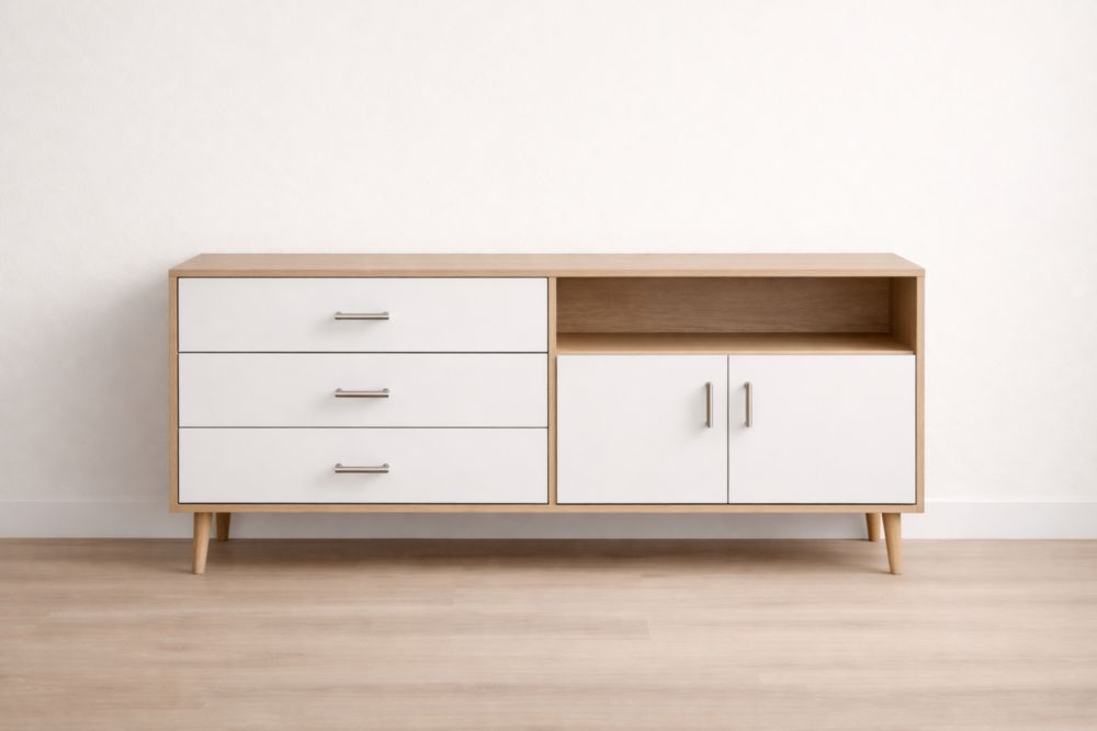 Credenza in MDF Bianco con Tre Cassetti e Due Ante