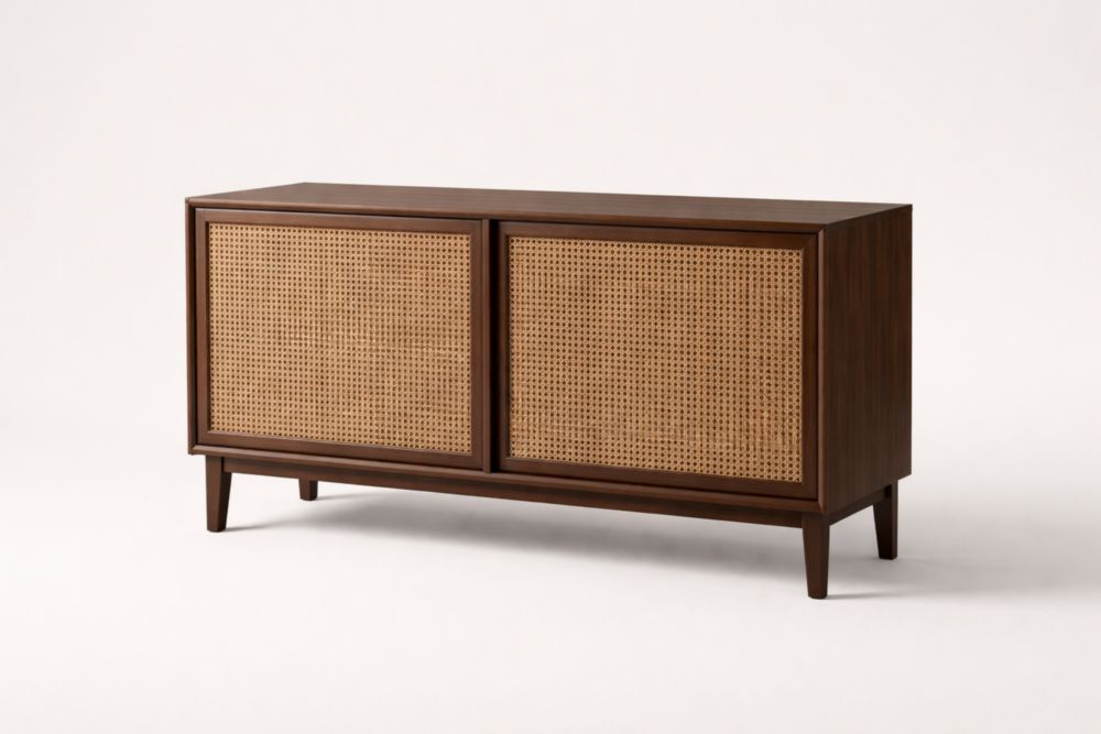 Credenza in legno massello con ante in rattan 150x45x75 cm(Lu x L x H)