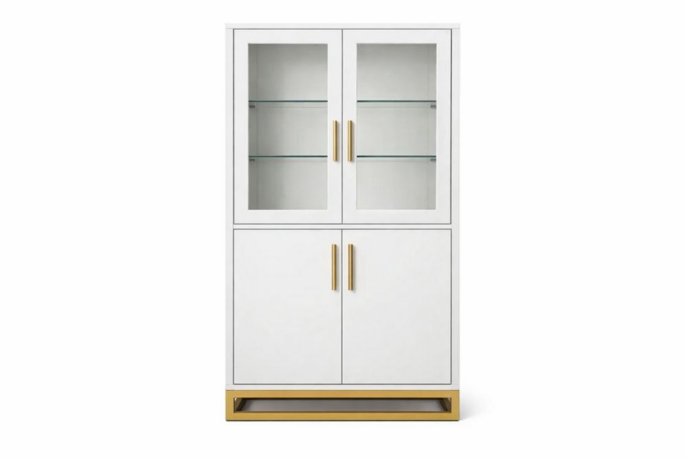 Vetrina in MDF bianco con ante in vetro e base in acciaio dorato