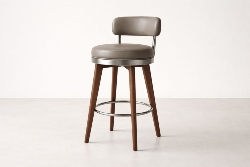 Sgabello in acciaio e legno massello con seduta in PU marrone