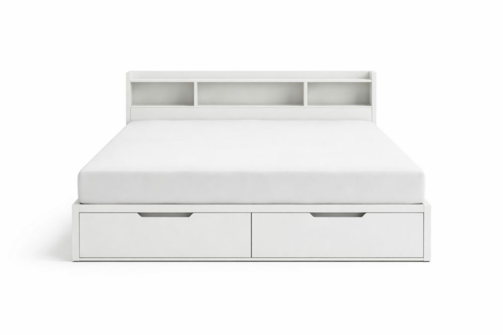 Letto in Legno MDF Bianco con Cassetti e Libreria 200x160 cm(Lu x L)