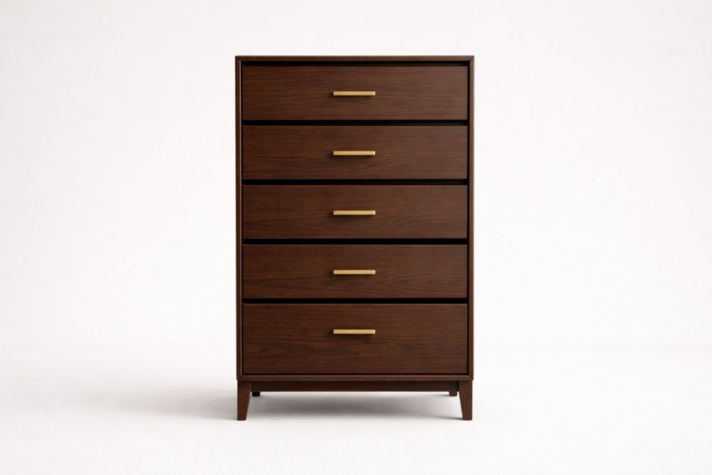 Cassettiera in legno di noce con maniglie in acciaio, 5 cassetti