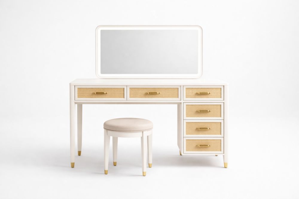 Tavolo da toeletta con specchio e sgabello in legno MDF bianco e oro