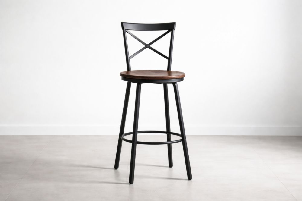 Sgabello da bar in acciaio nero con seduta in legno di quercia marrone
