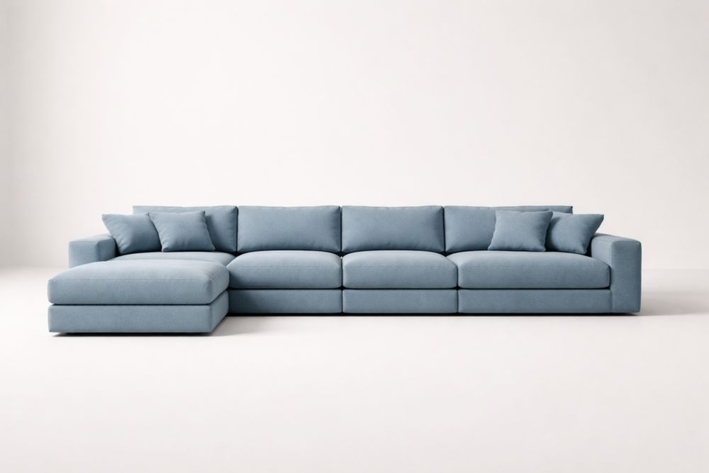 Divano angolare in tessuto poliestere blu con chaise longue