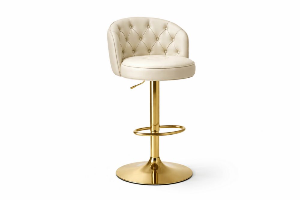 Sgabello in pelle sintetica beige con base in acciaio dorato