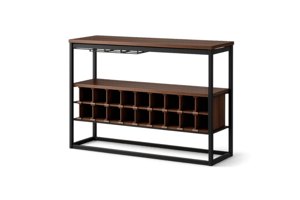 Mobile bar in legno marrone e acciaio nero