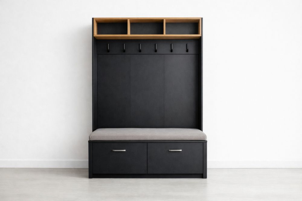 Appendiabiti con panca in legno MDF e tessuto nero/grigio