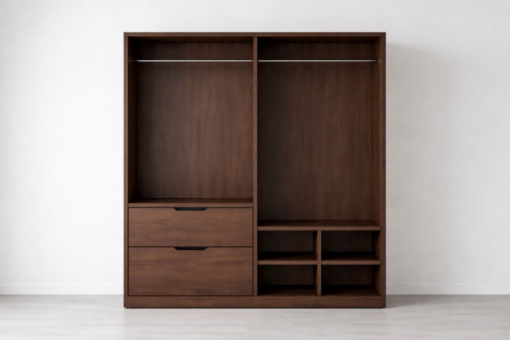 Armadio in legno marrone con appendiabiti e cassetti