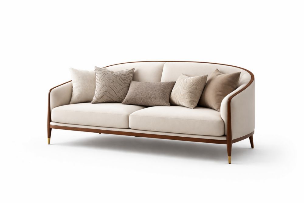 Divano lungo in legno di noce e tessuto poliestere beige con cuscini