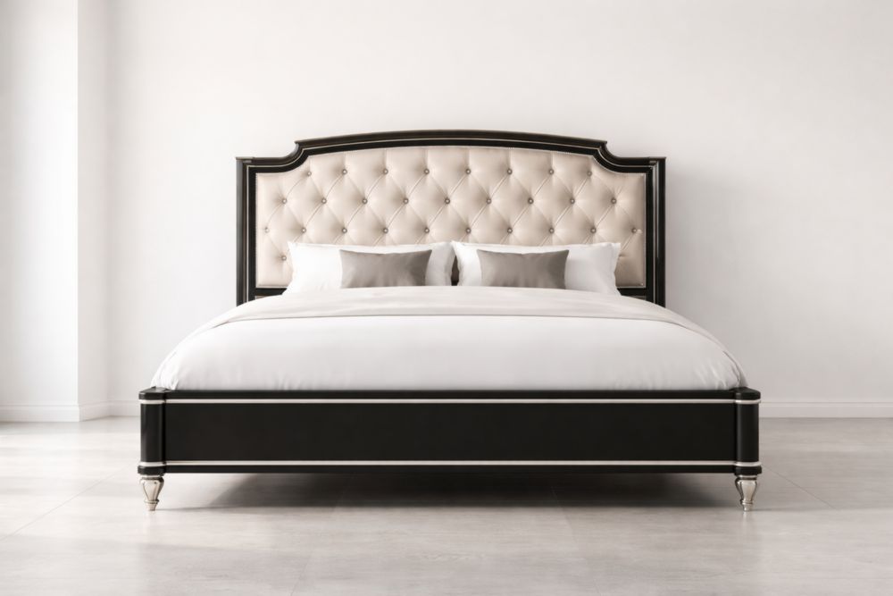 Letto matrimoniale in legno massello e tessuto poliestere crema e nero 200x160 cm(Lu x L)