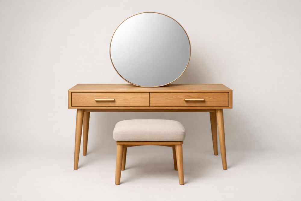 Tavolo da toeletta in legno massello di rovere con specchio rotondo e sgabello imbottito