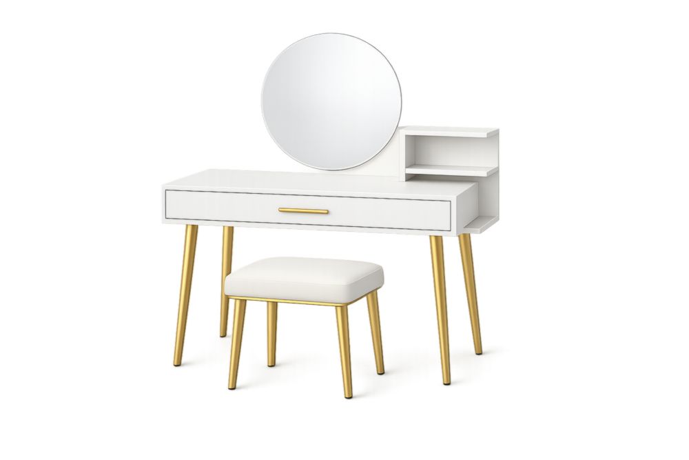 Toletta da trucco con sgabello e specchio rotondo bianco dorato