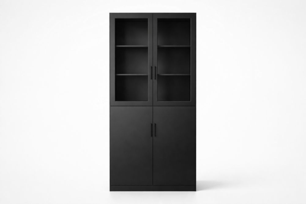 Armadio Libreria in MDF Nero con Ante in Vetro