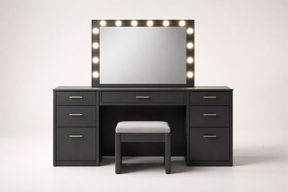 Tavolo da trucco in MDF nero con specchio e sgabello