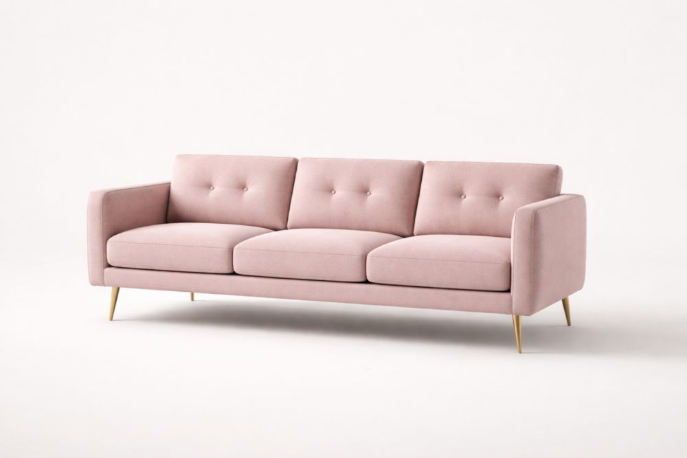 Divano lungo in tessuto poliestere rosa con piedini in metallo