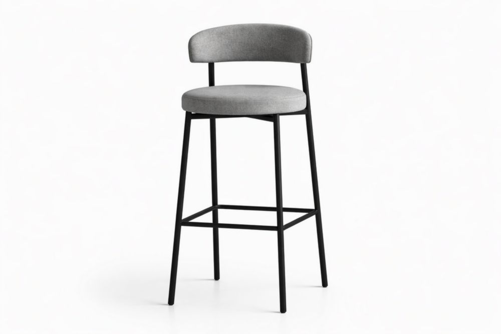 Sgabello da Bar in Acciaio Nero con Rivestimento in Poliestere Grigio