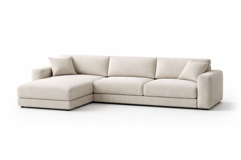 Divano Angolare in Tessuto Beige con Chaise Longue