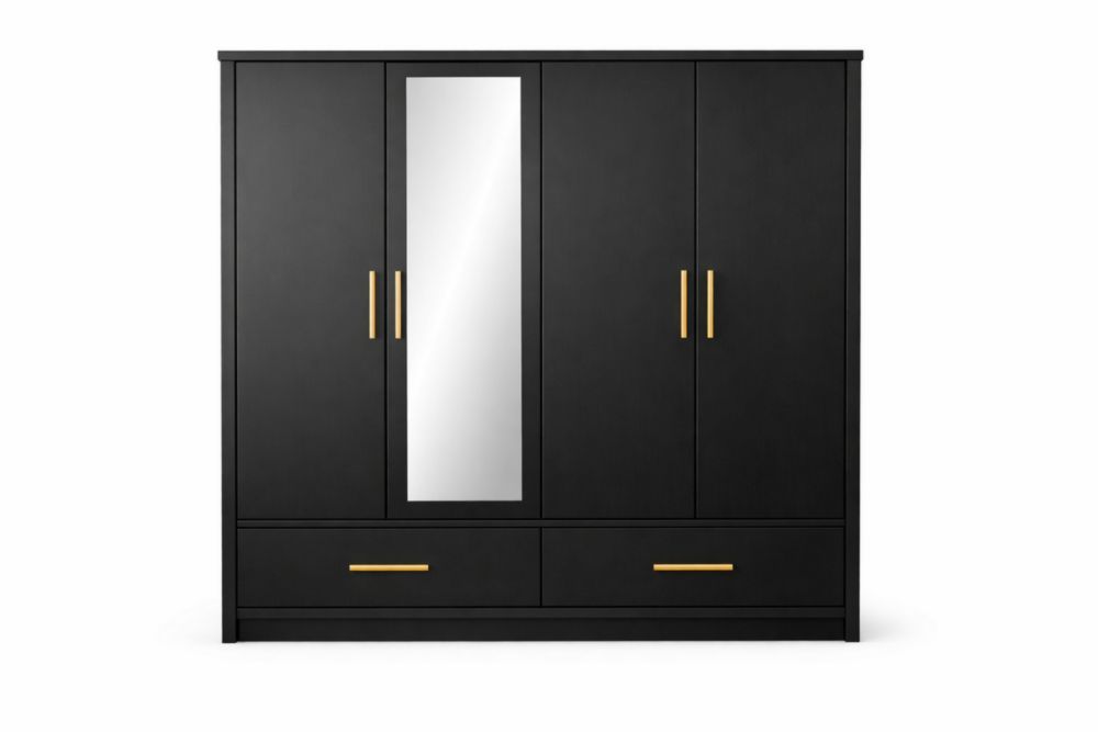 Armadio in legno nero con specchio e maniglie in ottone