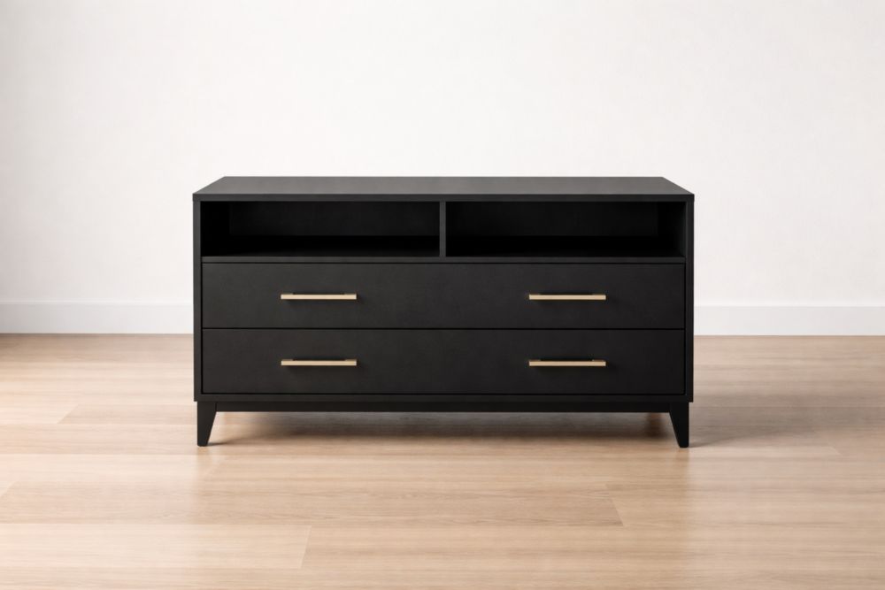 Mobile TV nero in MDF con cassetti e scomparti aperti