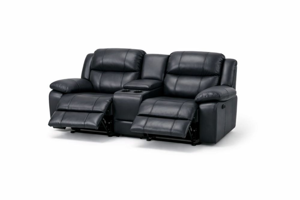 Divano reclinabile in pelle sintetica nera con portabicchieri