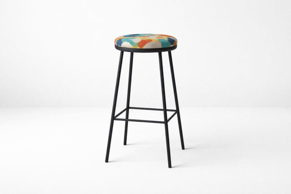 Sgabello alto in acciaio con seduta in tessuto di poliestere