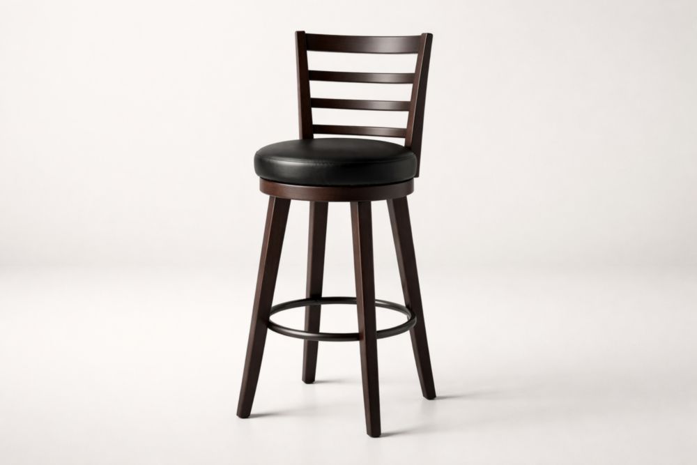 Sgabello da bar in legno massello con seduta in pelle sintetica nera