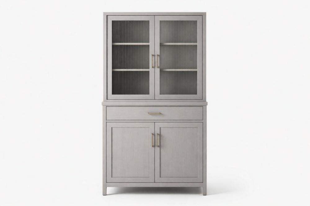Credenza in legno massello con ante in vetro e maniglie in acciaio grigio