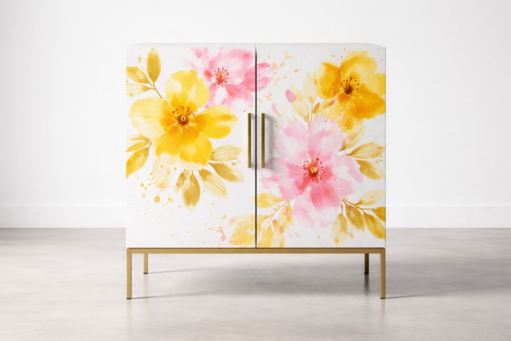 Mobile contenitore in legno massello con motivo floreale dipinto a mano