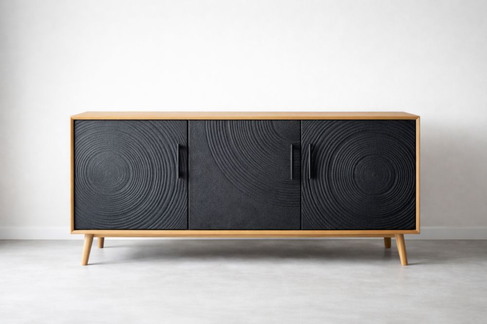 Credenza in legno massello e MDF con ante nere150x40x86 cm(L x P x H)