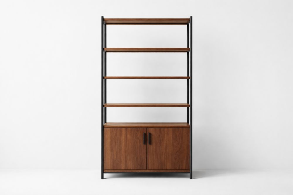 Libreria in Acciaio e Legno Noce con Ripiani e Armadietto