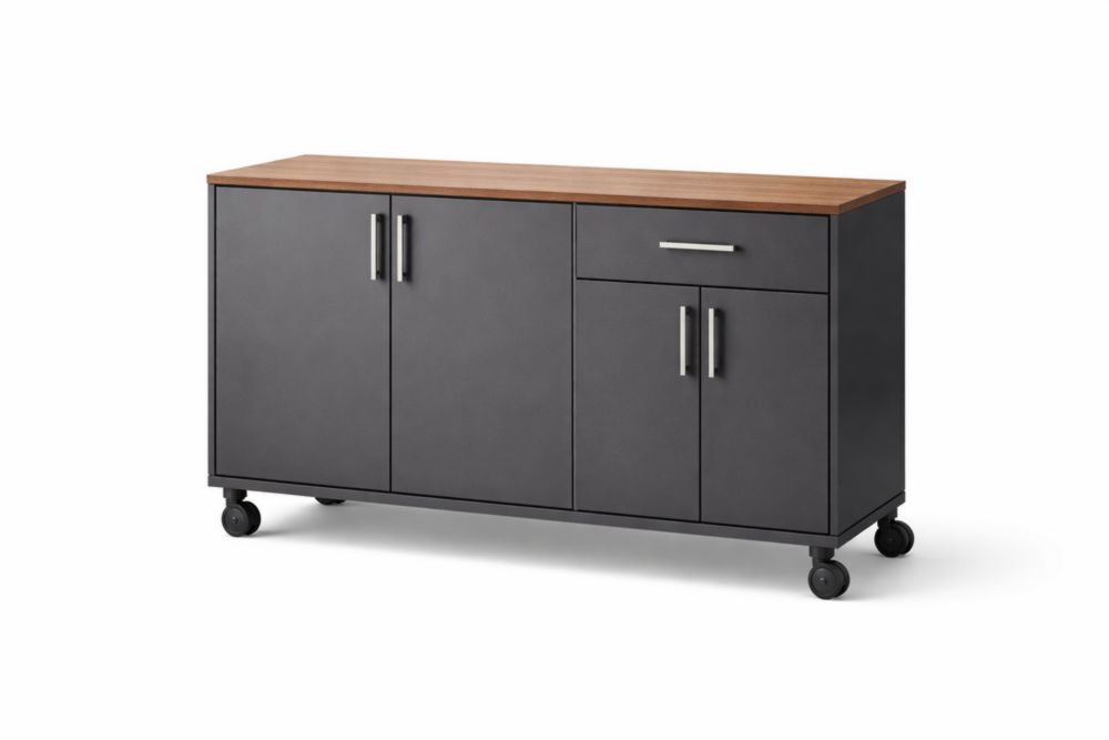 Credenza con ruote in acciaio e legno massello nero e marrone