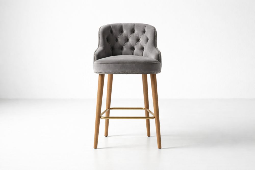 Sgabello in velluto grigio con gambe in legno massiccio