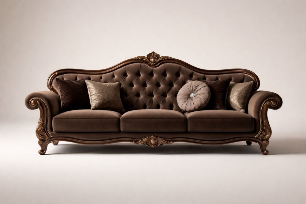 Divano lungo in velluto marrone con dettagli in legno di noce intagliato