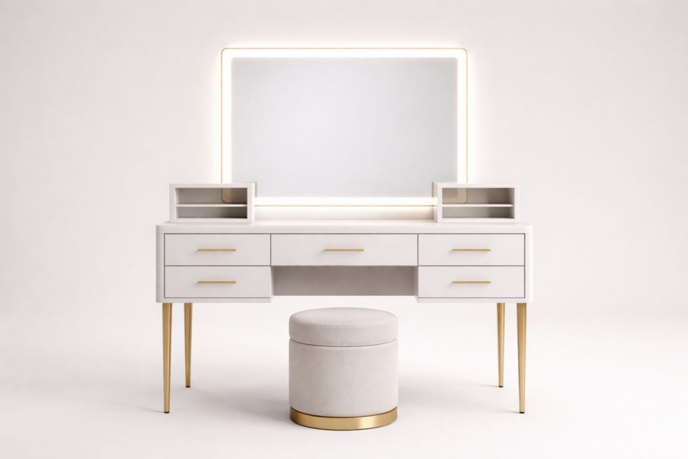 Tavolo da trucco in legno MDF e acciaio bianco e oro con specchio LED