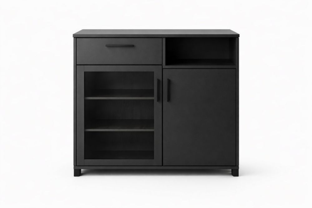 Credenza in MDF con ante in vetro e ripiani