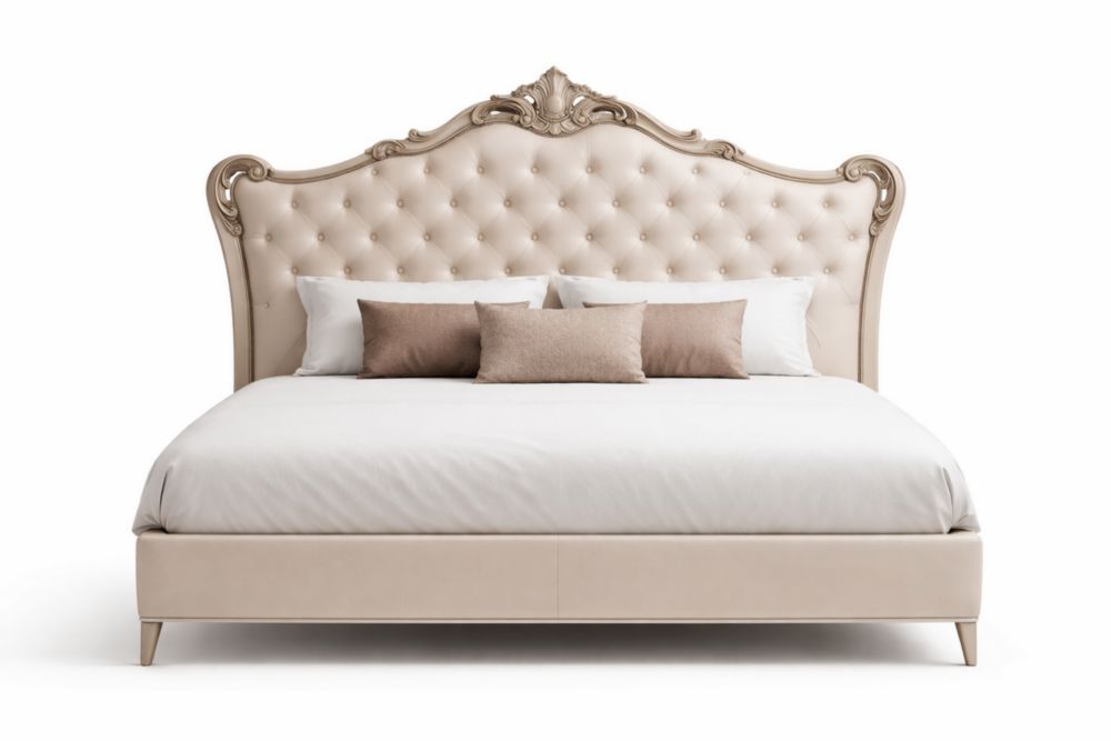 Letto Matrimoniale in Pelle Beige con Testiera Imbottita