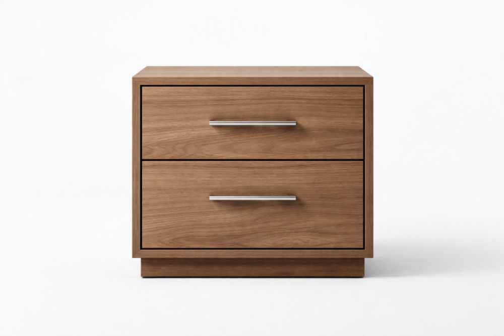 Comodino in pannello truciolare con 2 cassetti e maniglie in acciaio