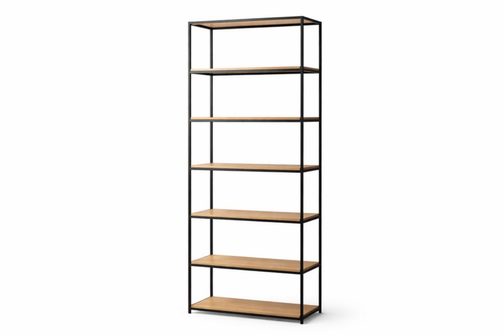 Libreria a sei ripiani in legno massello e acciaio nero 200x80x30 cm(H x L x P)