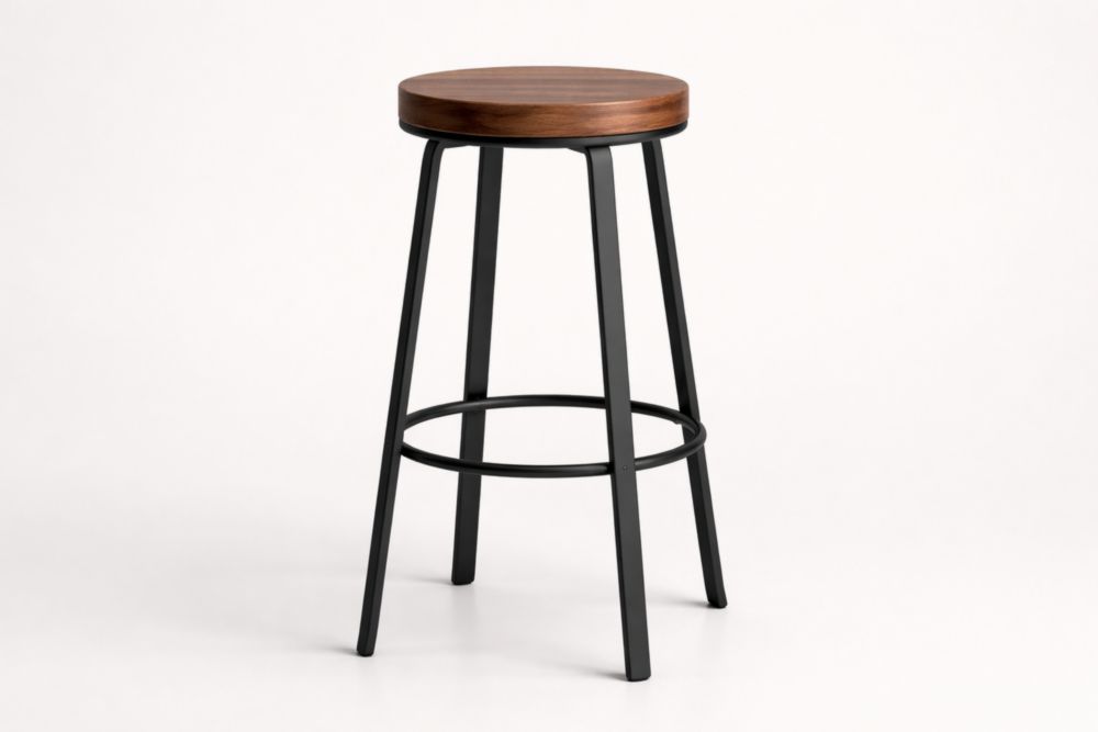 Sgabello in legno di noce e acciaio nero, altezza 75 cm