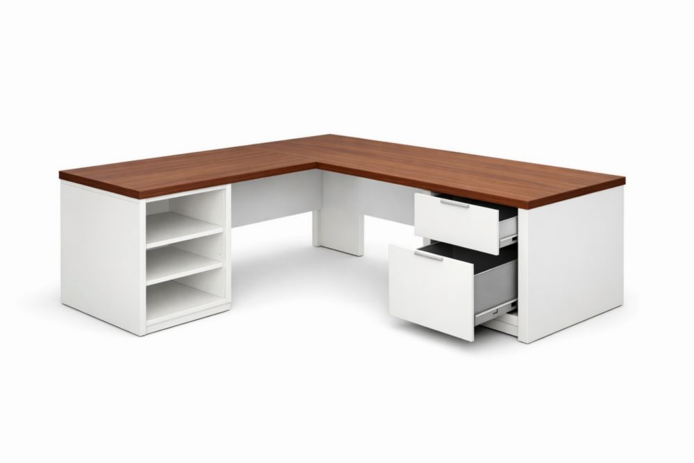 Scrivania angolare in legno di quercia e MDF bianco con cassetti e mensole