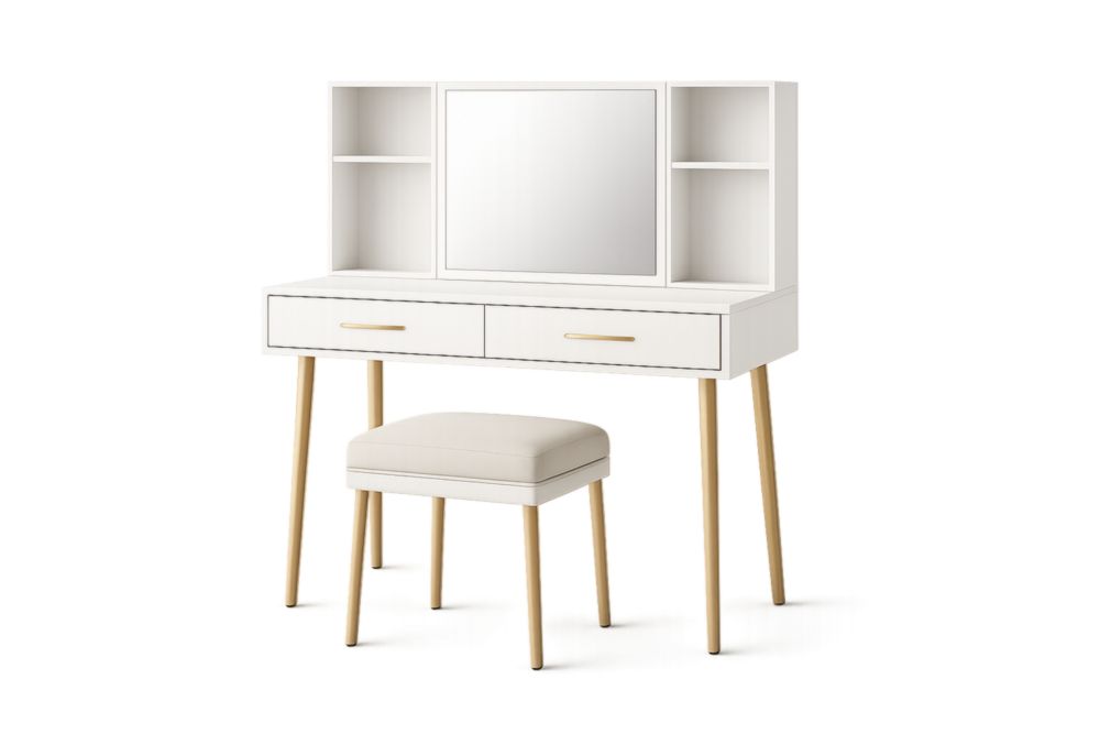 Tavolo da toeletta in legno MDF bianco con specchio e sgabello imbottito