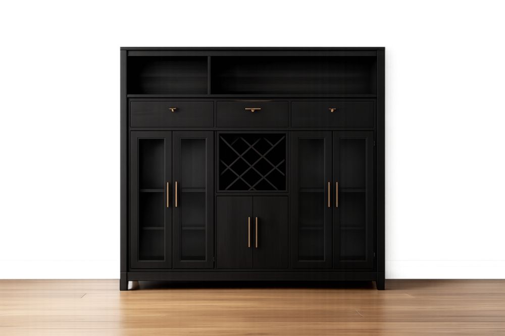 Mobile bar in legno nero con ante in vetro e vano porta bottiglie
