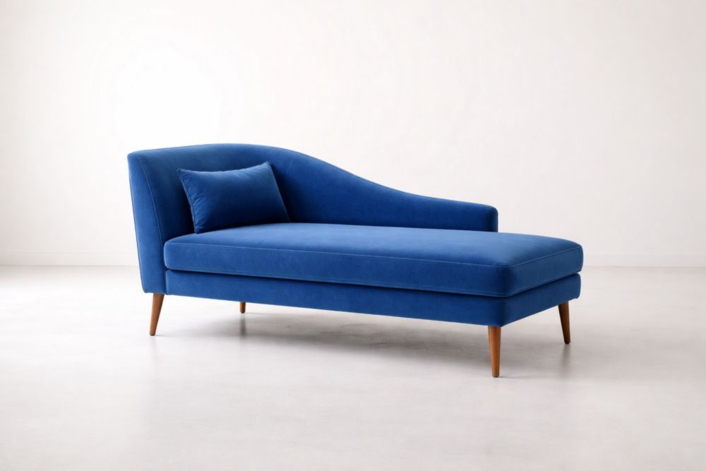 Chaise longue in velluto blu con gambe in legno massello