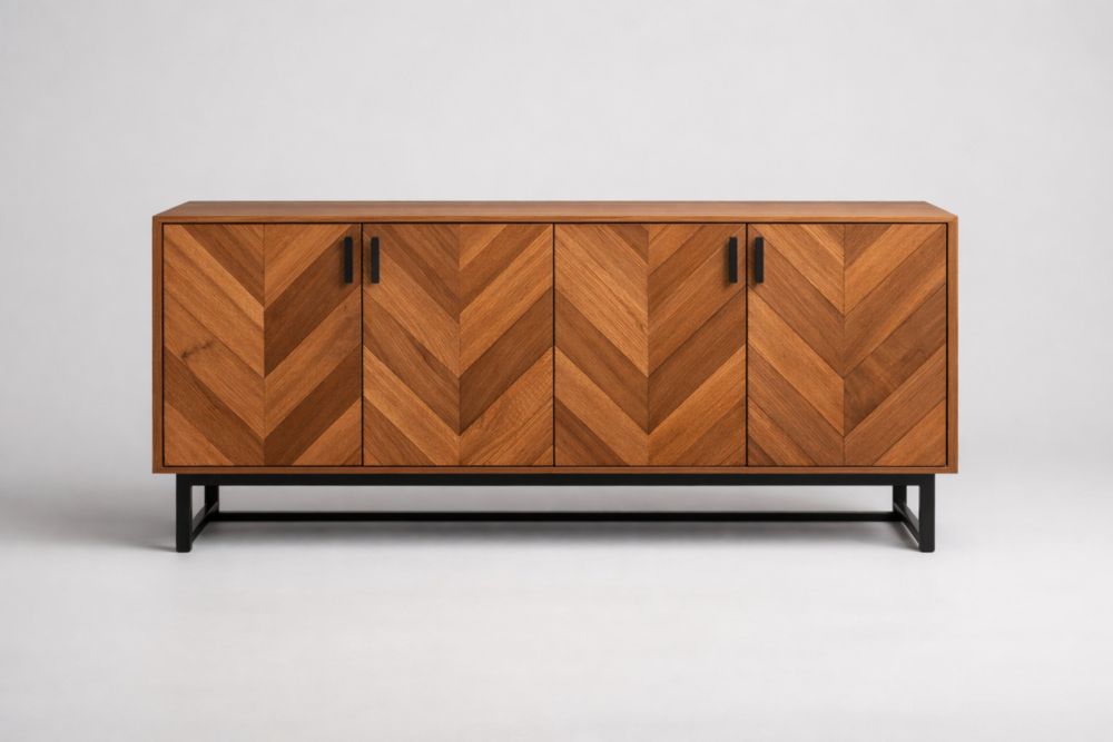 Mobile contenitore in legno massello motivo a spina di pesce marrone con base in acciaio