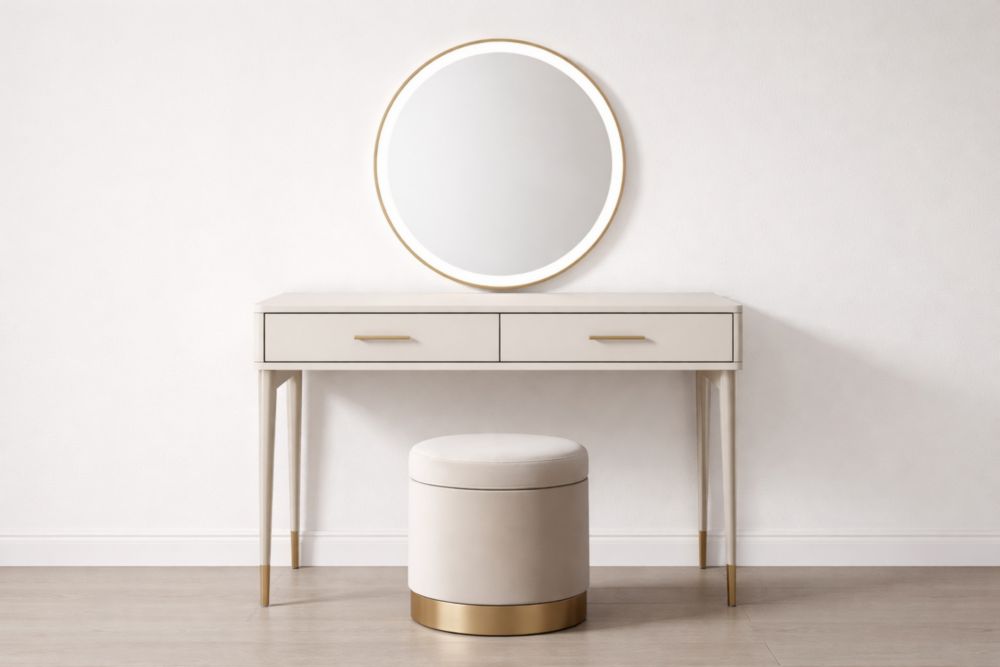 Tavolo da toeletta in MDF con specchio rotondo e sgabello imbottito