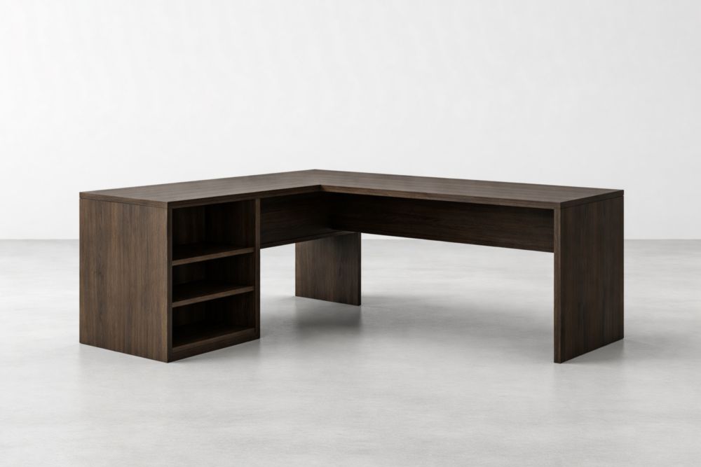 Scrivania angolare in legno truciolare ingegnerizzato con ripiani